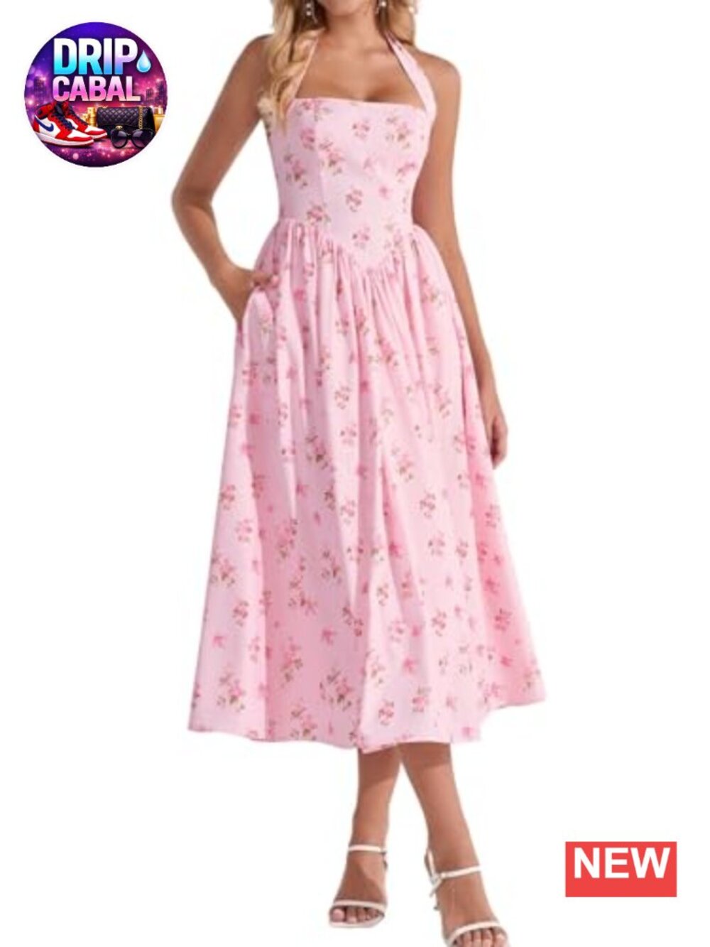 Halter Corset Midi Dress, Floral Smocked A-Line Sundress with Pockets, Wedding